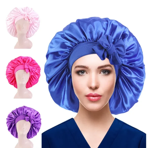 New Large Satin Bonnet Silk Night Sleeping Cap Long Satin Bonnet With Head Tie Band Bonnet Edge Wrap For Women Curly Braid Hair - Image 5